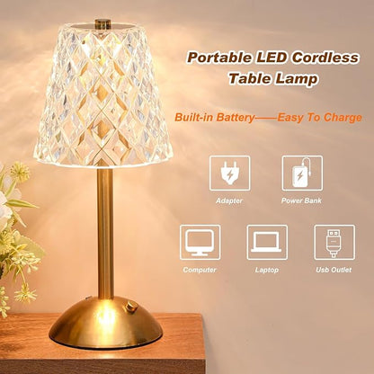 Liliful 1 Pcs Cordless Table Lamp Rechargeable Touch LED Small Gold Portable Battery Operated USB-c Desk Lamp 3 Color Dimmable for Bedroom Living Room Dining (Gold,Diamond Style)