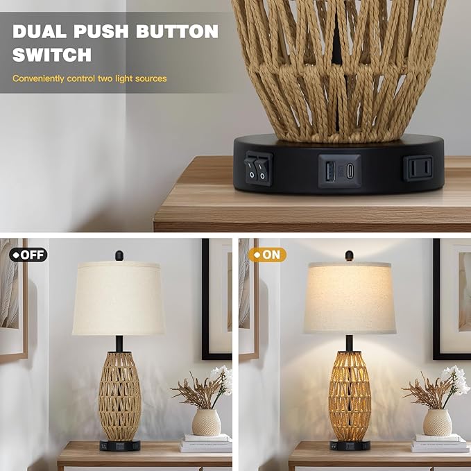 27" Boho Rattan Table Lamp Single, Wicker Bedroom Lamp with Night Light, Woven Coastal Bedside Lamps for Nightstand with USB A+C Charging Port & AC Outlet, Farmhouse Lamps for Living Room