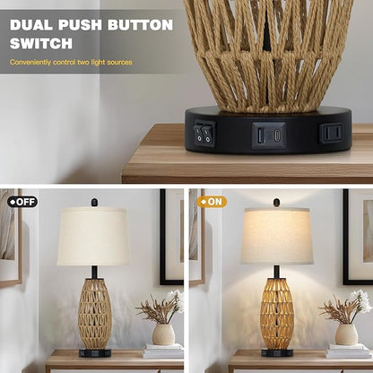 27" Boho Rattan Table Lamp Single, Wicker Bedroom Lamp with Night Light, Woven Coastal Bedside Lamps for Nightstand with USB A+C Charging Port & AC Outlet, Farmhouse Lamps for Living Room