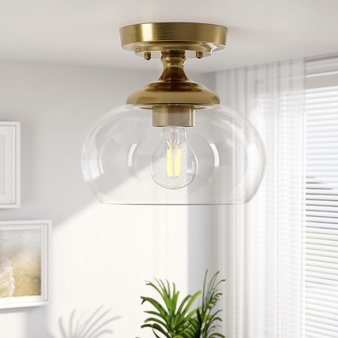 VONLUCE Industrial Semi Flush Mount Ceiling Light, 8.3" Ceiling Light Fixture with Clear Glass Shade, Farmhouse Lighting for Hallway Kitchen Bedroom Entryway, Brushed Gold Flush Mount Light Fixture