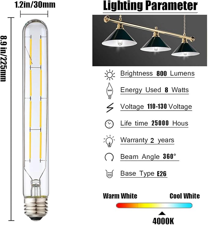 Leools 8W Dimmable Edison Led Tubular Bulb T10/T30,75 Watt Incandescent Bulb Equivalent, T10 Tube Edison Style LED Filament Bulb, 4000K Daylight Glow,8.9inch(225mm),4-Pack.