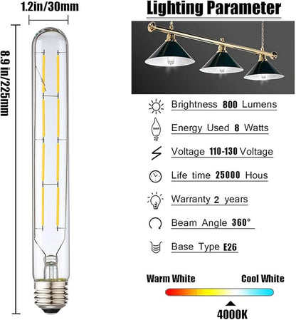 Leools 8W Dimmable Edison Led Tubular Bulb T10/T30,75 Watt Incandescent Bulb Equivalent, T10 Tube Edison Style LED Filament Bulb, 4000K Daylight Glow,8.9inch(225mm),4-Pack.