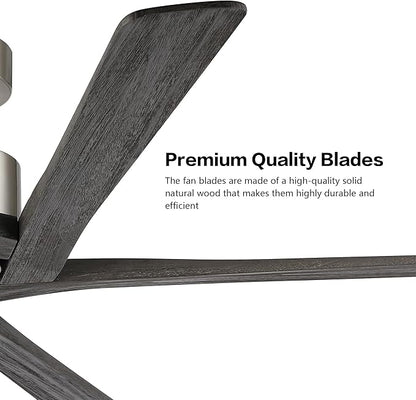 WINGBO 64 Inch DC Ceiling Fan without Lights, 5 Reversible Carved Solid Wood Blades, 6-Speed Noiseless DC Motor, Ceiling Fan No Light with Remote, Brushed Nickel Finish with Gray Blades, ETL Listed