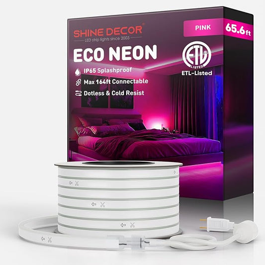 Shine Decor LED Rope Lights AC 120V, Connectable & Cuttable Dotless 120LEDs/M Eco Neon Strip Lighting, ETL IP65 Waterproof & Weather-Resistant for Home Commercial, 8x16mm, Pink, 65.6FT