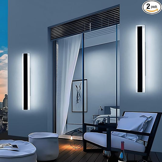 2 Pack 23.6inch Modern Outdoor Light Fixture, 3000K-6000K Dimmable Wall Sconce, IP65 Waterproof Linear Exterior LED Light with Remote Control, Black Aluminium for Porch, Patio, Garage