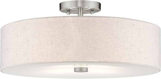 Livex Lighting 52136-91 Meridian Collection 4-Light Semi Flush Mount Ceiling Fixture with Oatmeal Color Fabric Hardback Drum Shade and Satin White Diffuser, Brushed Nickel