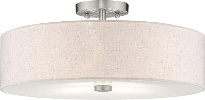 Livex Lighting 52136-91 Meridian Collection 4-Light Semi Flush Mount Ceiling Fixture with Oatmeal Color Fabric Hardback Drum Shade and Satin White Diffuser, Brushed Nickel