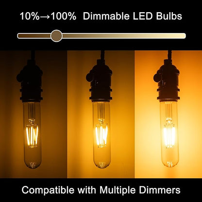 T10 Tubular Led Bulbs 60w Equivalent, Dimmable 5.25 Inch Led Tube Bulb, E26 T30 Edison Tubular Clear Light Bulbs, 2700K Warm Light Long Skinny 6W 10 Pack
