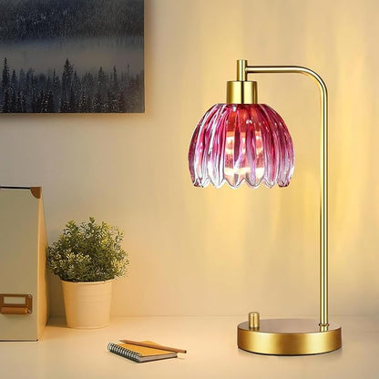 Pink Table Lamp Set of 2,Small Gold Bedside Lamps Dimmable Boho Bedroom Lamp with Flower Glass Lamp Shade,Vintage Mid Century Modern Mini Nightstand Lamp for Girls Kids Bedroom Living Room