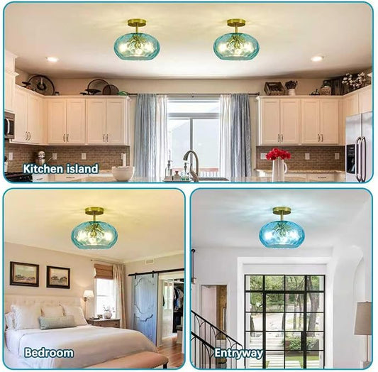 Blue Glass Semi Flush Mount Ceiling Light - 12 Inch Hammered Glass Hallway Light fixtures Ceiling, Vintage Gold Flush Mount Ceiling Light,Mid Century Light Fixture for Bedroom Entryway Kitchen