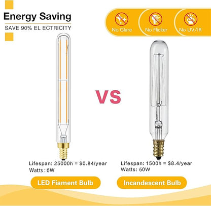 Leools E12 LED Tube Bulbs,T6 Tubular Edison Style LED Filament Bulb, 6W Dimmable Antique LED Bulb,E12 Base,Clear Glass,Warm White,2700K,750LM(60-75W Equivalent),7.3in,Pack of 6