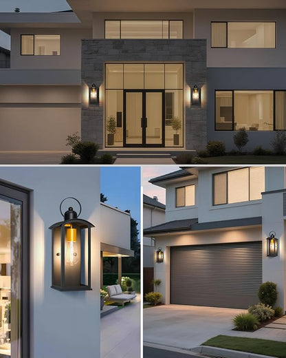 Dusk to Dawn Outdoor Wall Light Fixtures, 15inch Waterproof Patio Lanterns, Exterior Wall Mount Lantern Sconce with Glass, Black Wall Sconces for House Garage Front Door