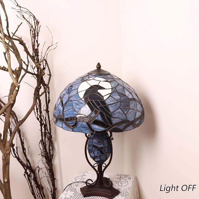 Bieye L10954 Raven Sitting on Bare Tree Branch in Full Moon Night Tiffany Style Stained Glass Table Lamp for Home Decor (Dark Blue, 16Wx24H)