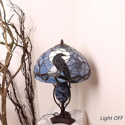 Bieye L10954 Raven Sitting on Bare Tree Branch in Full Moon Night Tiffany Style Stained Glass Table Lamp for Home Decor (Dark Blue, 16Wx24H)