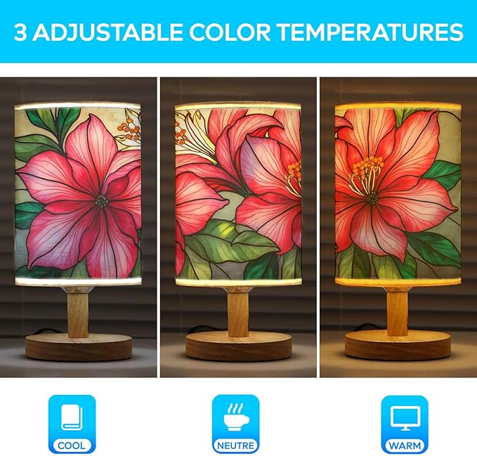Azalea Table Lamp LED 3-Color Pressed Bedside, Azalea Shade Lamp with Wood Base for Bedroom Living Room Desk Office