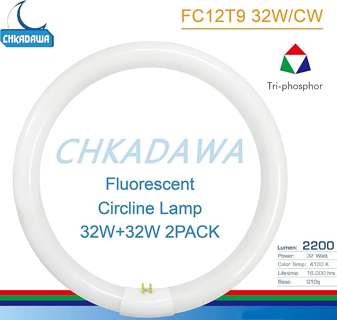 FC12T9/CW 32W Cool White Round Fluorescent Light Bulb, 12 Inch T9 32 Watts Circular Bulbs, 12'' FCL 32 Circline Bulb 4100K 841, G10q 4 Pin Prong Base, 2 Pack