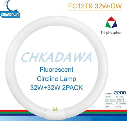 FC12T9/CW 32W Cool White Round Fluorescent Light Bulb, 12 Inch T9 32 Watts Circular Bulbs, 12'' FCL 32 Circline Bulb 4100K 841, G10q 4 Pin Prong Base, 2 Pack