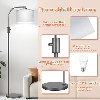 【Upgraded】 Dimmable Gray Floor Lamp, 1203 Lumens LED Bulb Included, Arc Floor Lamps for Living Room Modern Standing Lamp with Gray Linen Shade, Tall Lamp for Living Room Bedroom Office Reading Room