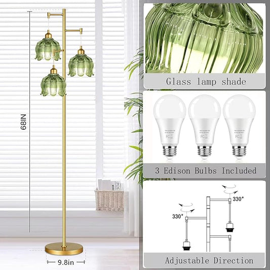 Gold Floor Lamp for Living Room Bedroom,3 Lights Modern Floor Lamps with Unique Green Glass Shades,68IN Mid Century Tall Standing Lamp,Vintage Tree Floor Lamp for Corner Office Reading Bulb Included
