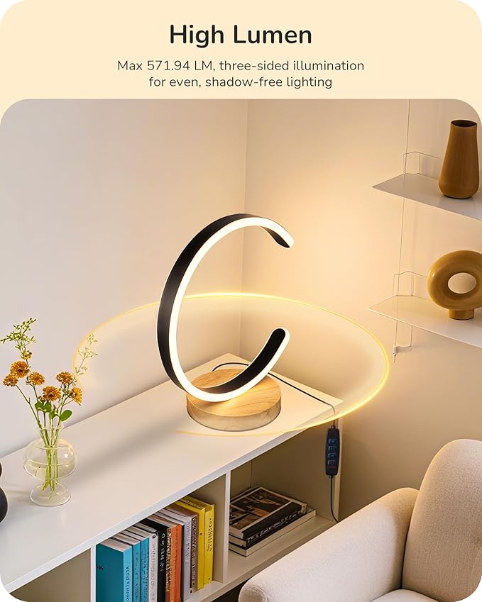 EDISHINE LED Table Lamp, C-Shaped Modern Lamps for Nightstand with 3 Color Temperature & Dimming, Upgraded Switch, Silicone Lampshade & Solid Wood Base, Bedside Lamp for Living Room, Bedroom, Black