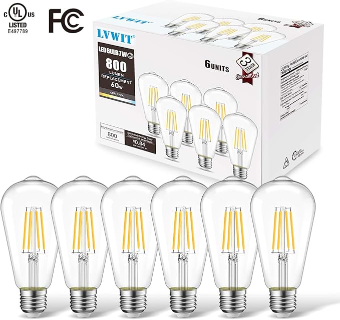 LVWIT ST21 LED Filament Bulb 7W(60 Watt Equivalent) Dimmable 2700K Warm White Vintage Edison Light Bulb E26 Medium Base (6-Pack)