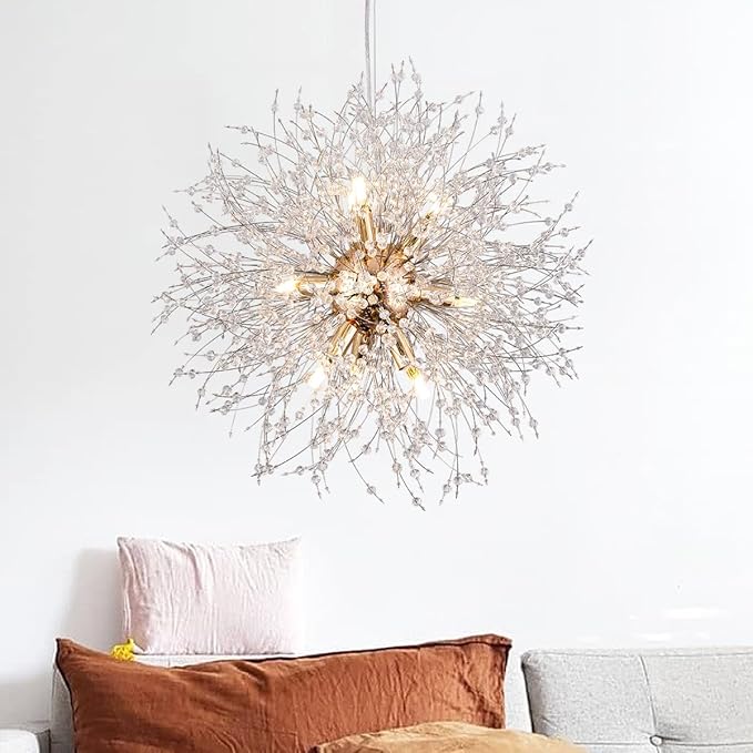 Firework Modern Chandelier, 9 Lights Sputnik Chandeliers for Dining Room, Dandelion Crystal Chandeliers for Entryway, Gold Chandelier Light Fixture for Bedroom