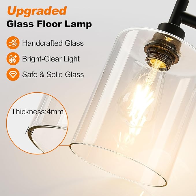 【Upgraded】Dimmable Floor Lamp for Living Room with Glass Shade, Black Modern Industrial Floor Lamp with 900LM LED Bulb Included, Bright Standing Tall Lamp for Bedroom, Office, Reading Room, Corner
