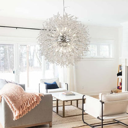 Large Fireworks Crystal Chandeliers, 24-Light Chrome Dandelion Pendant Chandelier, 120W Modern Sputnik Crystal Chandelier Lighting for Living Room Entryway
