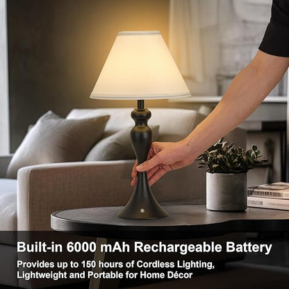 Rechargeable Cordless Table Lamps, Battery Operated Lamp with Fabric Shade for Decor, 3 Color Stepless Dimming LED Table Light, Nightstand Lamp for Nursery, Bedroom, Living Room, Home Office (Black)