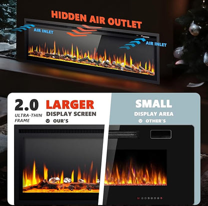 EUHOMY 60 Inch Electric Fireplace Recessed Wall Mounted Freestanding with Remote Control, Ultra-thin Fireplace Heater with Adjustable Flame Color, Linear Fireplace with Timer, Log & Crystal, 750/1500W