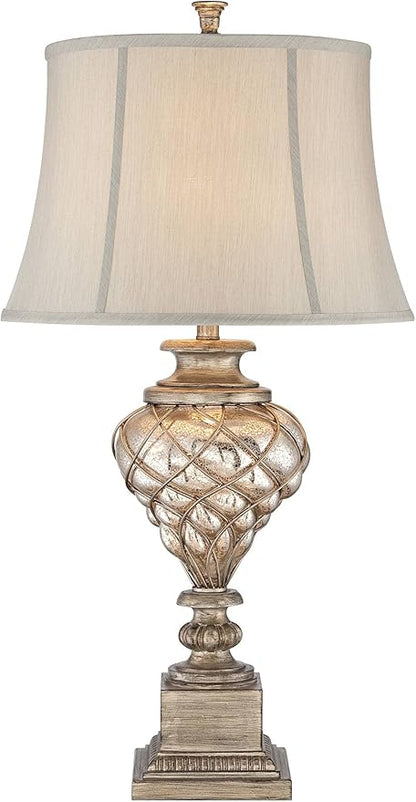 Barnes and Ivy Luke Traditional Vintage Table Lamp with Riser Nightlight LED 35.25" Tall Mercury Glass Off-White Fabric Bell Shade Living Room Bedroom House Bedside Nightstand Home Office