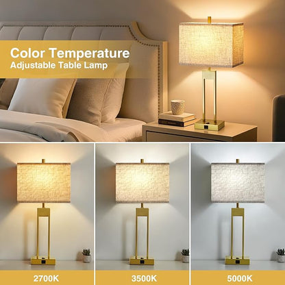 GyroVu 25.5" Nightstand Table Lamps for Bedrooms Set of 2, Bedside Lamp with USB C+A, Colors Changeable Living Room Lamp, Modern Night Stand Lamps for Bed Side Guest Room Reading, Gold+White Shade