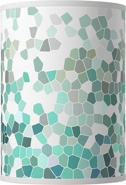 Cylinder Hardback Giclee Print Lamp Shade Aqua Mosaic Green Blue Medium 8" Top x 8" Bottom x 11" High Spider with Replacement Harp and Finial Fitting - Giclee Glow