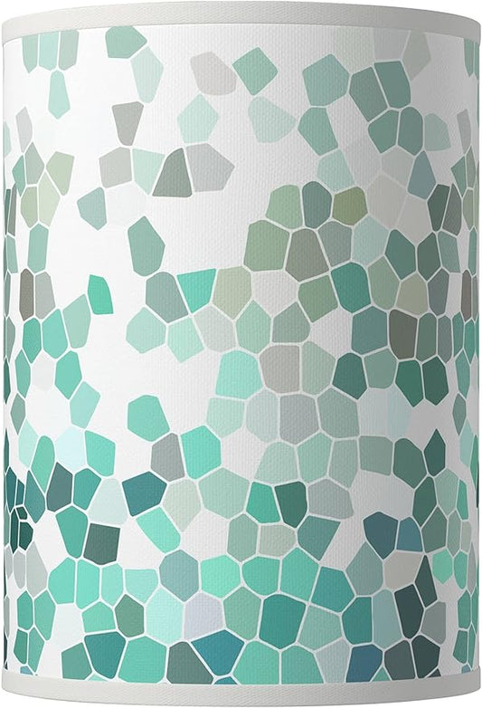 Cylinder Hardback Giclee Print Lamp Shade Aqua Mosaic Green Blue Medium 8" Top x 8" Bottom x 11" High Spider with Replacement Harp and Finial Fitting - Giclee Glow