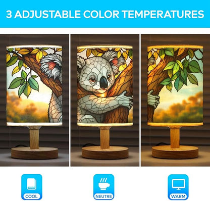 Koala Table Lamp LED 3-Color Pressed Bedside, Koala Shade Lamp with Wood Base for Bedroom Living Room Desk Office TL01