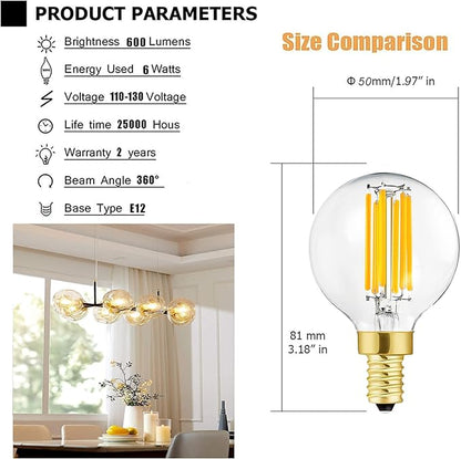 Leools e12 led Bulb dimmable g16.5 Light Bulb 6W Equal 60 Watt 600lm AC120V e12 Candelabra 60 Watt for Chandeliers,Ceiling Fan,Vanity Soft White 3000K Globe e12 Bulbs 6Pack