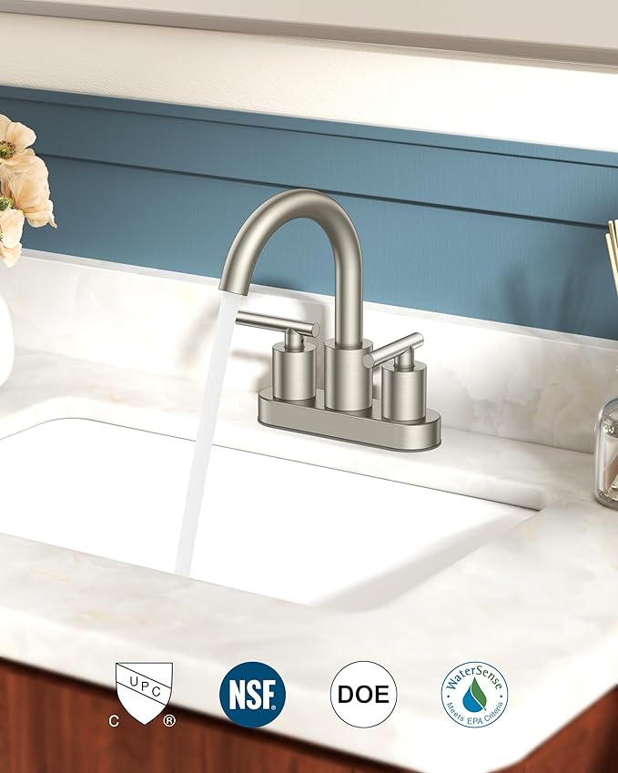 FORIOUS Brushed Nickel Bathroom Faucet 2 Hole, 4 Inch Centerset Bathroom Sink Faucet Brushed Nickel with Pop-up Dain, 24" CUPC Hoses, 360° Swivel Gooseneck for RV Basin