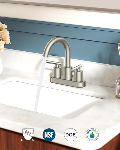 FORIOUS Brushed Nickel Bathroom Faucet 2 Hole, 4 Inch Centerset Bathroom Sink Faucet Brushed Nickel with Pop-up Dain, 24" CUPC Hoses, 360° Swivel Gooseneck for RV Basin