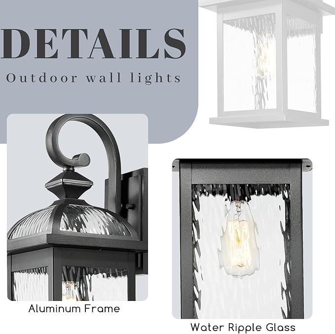 Outdoor Sconce Lights Waterproof Outside Light Fixtures for House Matte Black Finish Water Ripple Glass 21 Inch Large Garage Outdoor Wall Lamp E26 Socket