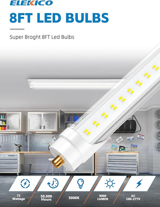 8FT LED Bulbs, Super Bright 72W 9000lm 5000K, T8 T10 T12 LED Tube Lights, FA8 Single Pin T8 LED Lights, Clear Cover, 8 Foot LED Bulbs to Replace Fluorescent Light Bulbs (Pack of 6)