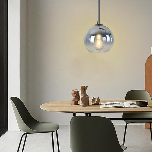 Modern Black Globe Pendant Light - Glass Ceiling Pendant for Kitchen, Dining Room - Silver, Mid Century Style - 11.8 Inch
