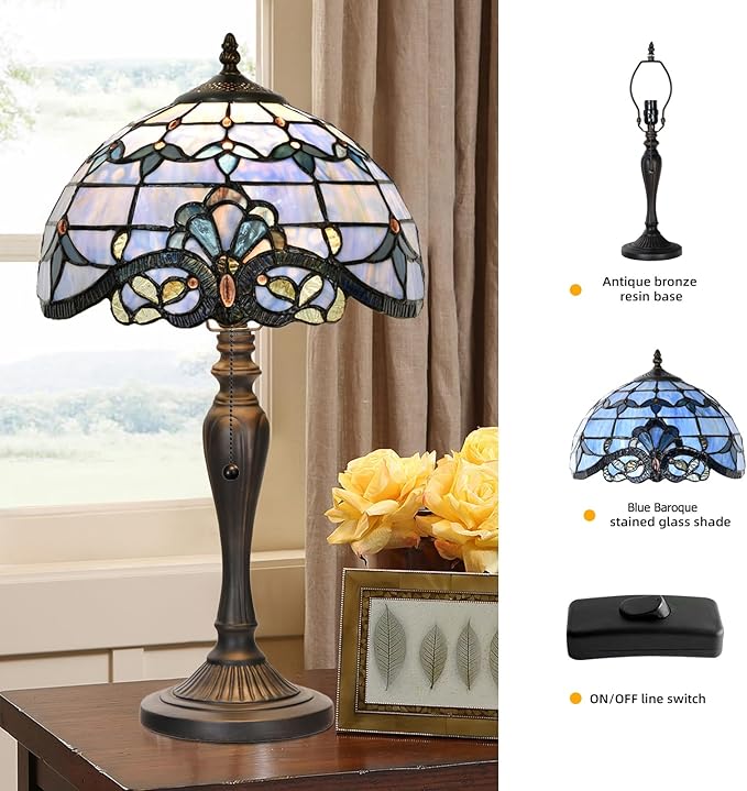 TL0015 Blue Baroque Tiffany Table Lamp Stained Glass Reading Desk Light 12 X 21.5 Inches for Bedroom Living Room, Handcrafted Artwork for Home Office, LED Bulb Included (Blue Baroque)