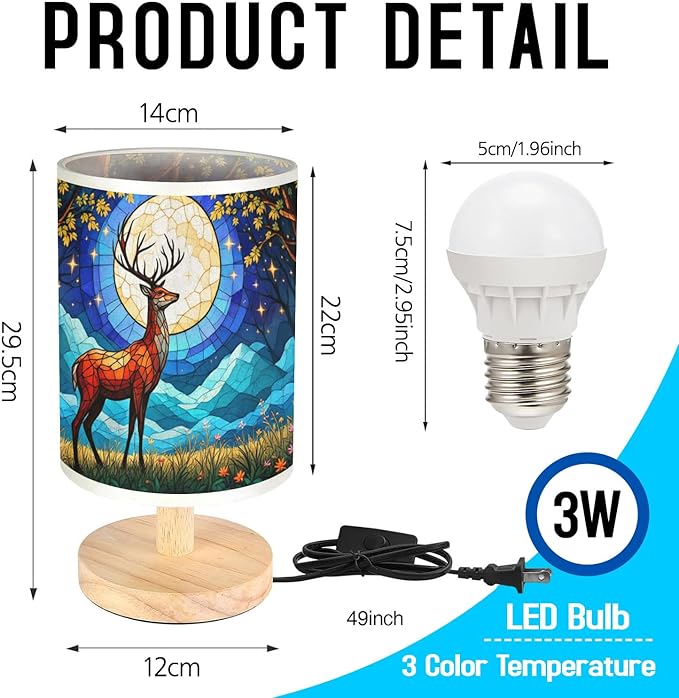 Deer Table Lamp LED 3-Color Pressed Bedside, Deer Shade Lamp with Wood Base for Bedroom Living Room Desk Office TL01