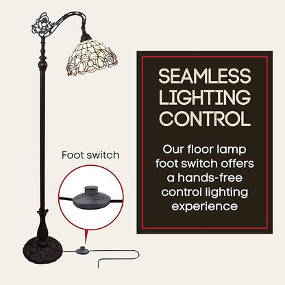 Amora Tiffany Floor Lamp - Arched, Stained Glass 62” - Traditional White Mahogany with Foot Switch Operation and Adjustable Lamp Shade - Custom Handcrafted Floor Lamps for Living Room