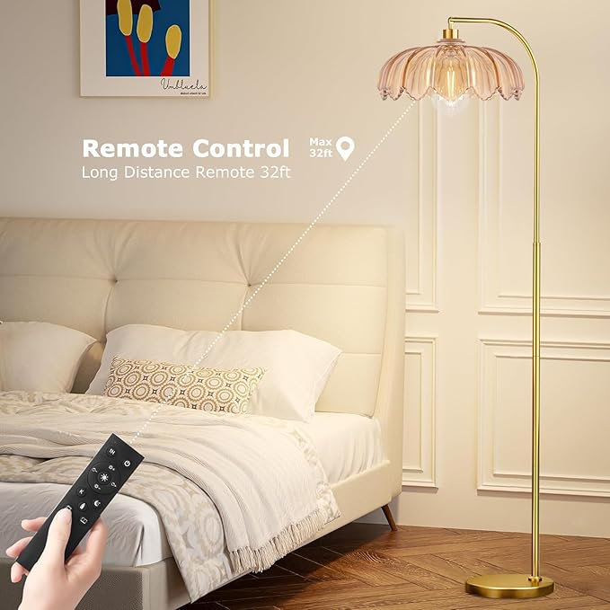 Gold Floor Lamp Dimmable Standing Lamp with Remote,Brass Tall Lamp Mid Century Modern Retro Glass Vintage Green Lamp Floor Light Boho Bohemian for Living Room,Bedroom