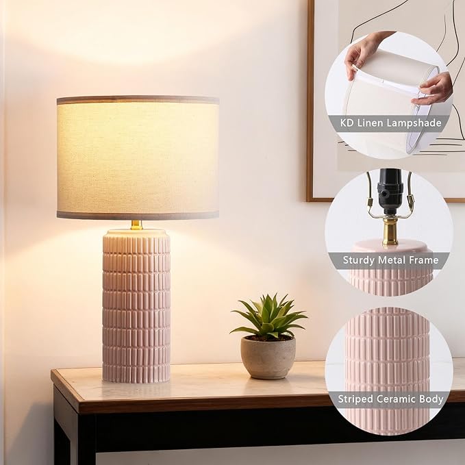 Modern Ceramic Table Lamp Set of 2, Bedside Lamp for Bedroom Decor, Nightstand Lamp with 3 Color Temperatures, Desk Light for Living Room Dorm Office, Pink