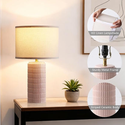 Modern Ceramic Table Lamp Set of 2, Bedside Lamp for Bedroom Decor, Nightstand Lamp with 3 Color Temperatures, Desk Light for Living Room Dorm Office, Pink
