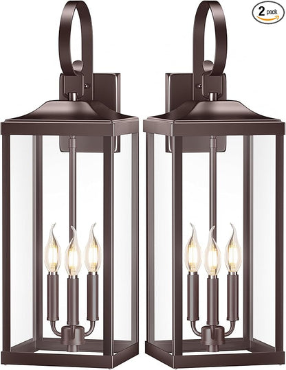 2 Packs 24" Extra Large 3-Light Outside Wall Light Fixture, Oil Rubbed Bronze Outdoor Porch Lantern Wall Mounted, Waterproof Modern Brown Outside Wall Sconce Coach Lamp for House, E12