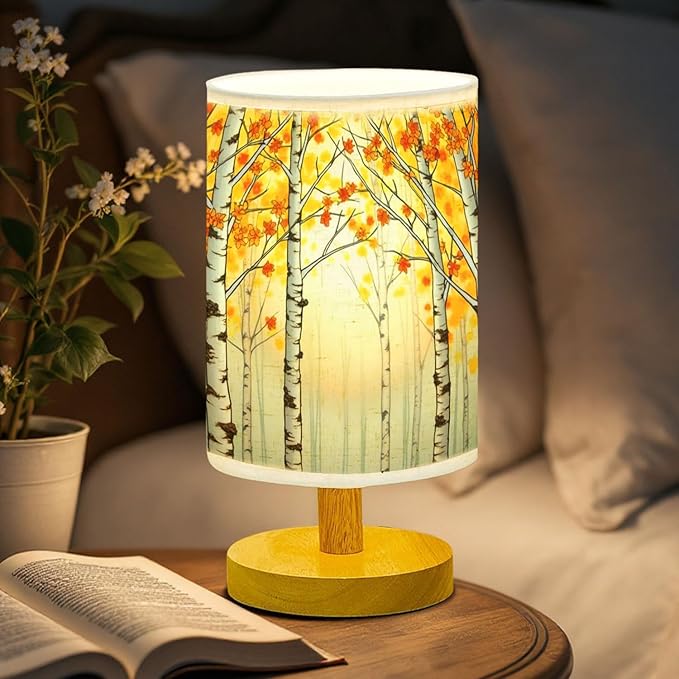 Birch Trees Table Lamp LED 3-Color Pressed Bedside, Birch Trees Shade Lamp with Wood Base for Bedroom Living Room Desk Office