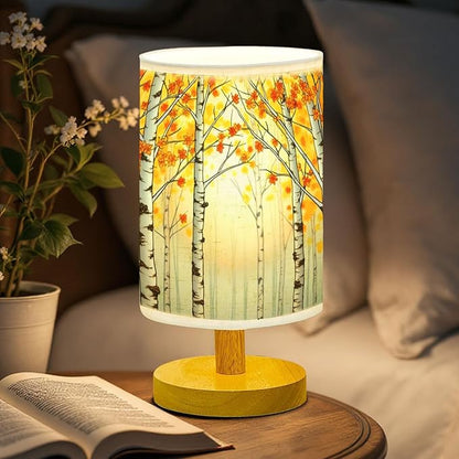 Birch Trees Table Lamp LED 3-Color Pressed Bedside, Birch Trees Shade Lamp with Wood Base for Bedroom Living Room Desk Office
